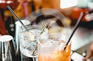 Cocktails served on bar counter prepared with gin, rosemary and orange juice - Drink, nightlife, lifestyle concept