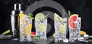 Cocktails set. Alcoholic drinks with gin, tonic, lime, lemon, grapefruit, orange, cucumber, soda and spicy herbs in wine glasses,