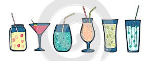 Cocktails set. Alcoholic drinks in glasses with tubes. Summer Cocktails. Berry smoothies, milkshake and fruit juice