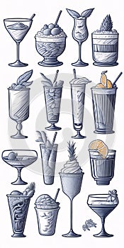 Cocktails set. Collection of hand drawn cocktails. Vector illustration. Ai generated