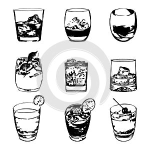 Cocktails set. Vector glasses collection. drinking whiskey party menu