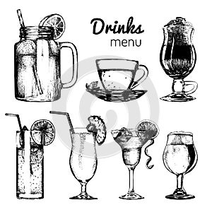 Cocktails,soft drinks and glasses for bar,restaurant,cafe menu. Hand drawn different beverages vector illustrations set.