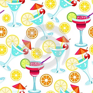 Cocktails with straws and citrus slice seamless pattern