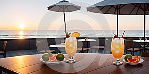 Cocktails on the table at the beach. Teasty cocktail. Beautyful background. Generative AI technology photo