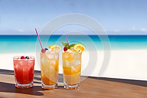Cocktails on a tropical beach with blue sea and sky background. Summer vacation concept. Teasty cocktail. Beautyful background. photo