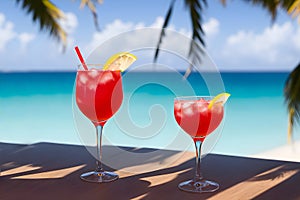 Cocktails on a tropical beach with palm trees and turquoise water. Summer vacation concept. Teasty cocktail. Beautyful background photo