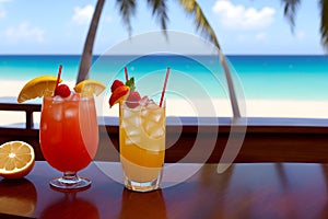 Cocktails on a tropical beach with palm trees and turquoise water. Summer vacation concept. Teasty cocktail. Beautyful background photo