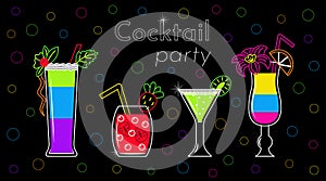 Cocktsil party horizontal vector banner with fresh beverages. Linear glass with colorful alcohol drinks and slices of fruits on