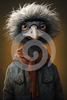 Cocky Emu in a Scarf Jacket: An Anthropomorphic Portrait of a Bo