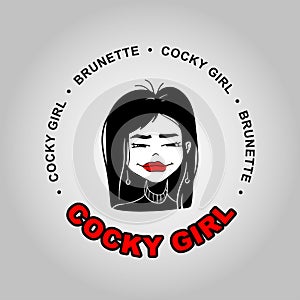 Cocky girl. Brunette with red lipstick. Logo girl in black. Suspicious squint
