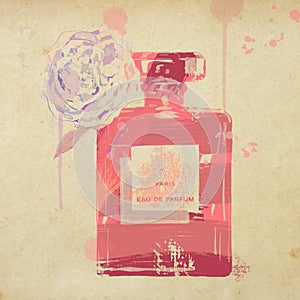 Coco chanel no 5 perfume illustration painting with rose photo