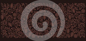 Cocoa bean background. Chocolate pack floral ornament. Beans and branches leaves. Editable outline stroke. Vector line.