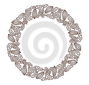 Cocoa bean circle frame background. Beans and branches leaves of plant. Editable outline stroke. Vector line.