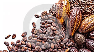 Cocoa bean and cocoa powder frame isolated on white background. Top view, copy space. Generative AI