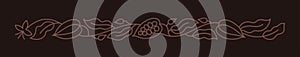 Cocoa bean horizontal line ornament. Chocolate pack background. Beans and branches leaves. Vector editable outline