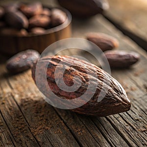 Cocoa bean. Macro. Cocoa bean on rustic wooden table