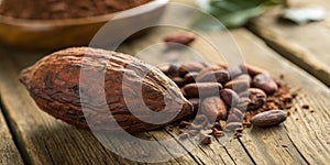 Cocoa bean. Macro. Cocoa bean on rustic wooden table