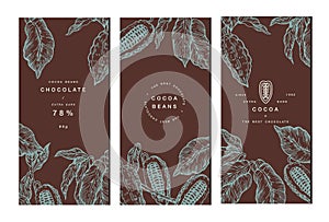 Cocoa bean tree banner collection. Design templates. Engraved style illustration. Chocolate cocoa beans. Vector