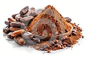 Cocoa beans and cacao powder isolated on white background photo