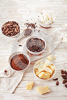 Cocoa beans, chocolate, cocoa butter, nibs and cocoa powder, baking ingredients