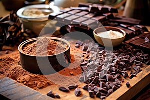 cocoa beans and chocolate pieces before tempering process