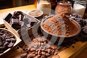 cocoa beans and chocolate pieces before tempering process