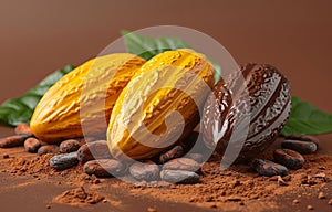 Cocoa beans and cocoa pod with cocoa powder and chocolate on brown background