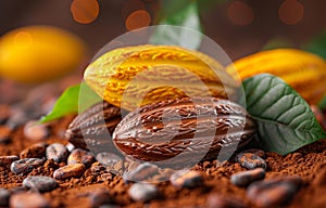 Cocoa beans and cocoa powder chocolate candies cocoa powder and fresh fruits on brown background