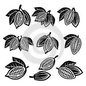 Cocoa beans icon set. Isolated on a white background.
