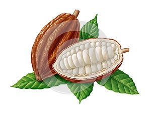 Cocoa beans and leaves illustration