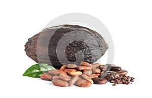 Cocoa beans, pod and leaf isolated