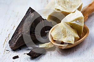 Cocoa butter and cocoa mass on white background