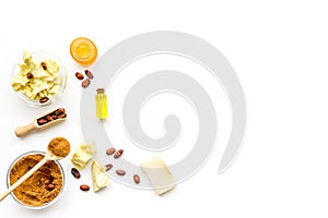 Cocoa butter for skin care. White background top view copy space