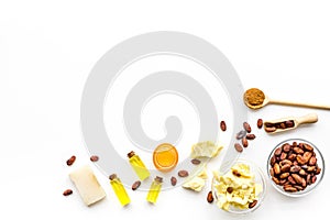 Cocoa butter for skin care. White background top view copy space