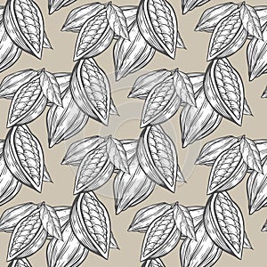 Cocoa, cacao beans hand drawn sketch seamless vector pattern.