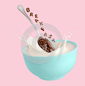 Cocoa cereal letters falling into blue bowl with splashing milk. Breakfast for children. Isolated on pink