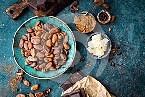 Cocoa. Cocoa beans, dark bitter chocolate chunks, cacao butter and cocoa powder