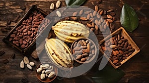 Cocoa Concoctions, A Wholesome Harmony of Nature and Nourishment on Wooden Canvas, top view. Generative AI photo