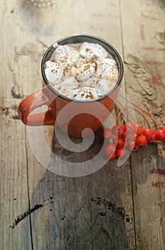 Cocoa or cup of coffee with tasty marshmallows, fir tree branch with red rowan tree berries. Still life on old rustic