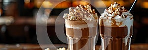 Cocoa Drink, Natural Cold Coffee with Whipped Cream and Caramel Popcorn, Cacao Milkshake