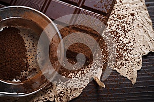 Cocoa dust on silver sieve