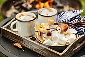 Cocoa or hot chocolate and skewers of roasted marshmallows over campfire