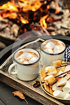 Cocoa or hot chocolate and skewers of roasted marshmallows over campfire