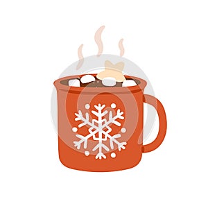 Cocoa with marshmallow in cup. Winter drink, hot chocolate in Christmas mug. Warm sweet Xmas cacao, choco beverage with