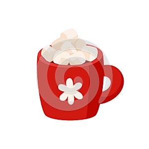 Cocoa with marshmallows in a red cup. Christmas hot chocolate cup. Cartoon new year drink. Isolated on white background