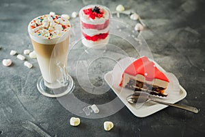 Cocoa milkshake drink and desserts. Milkshakes and sweet cream cake