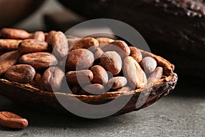 Cocoa pod of beans on grey table,