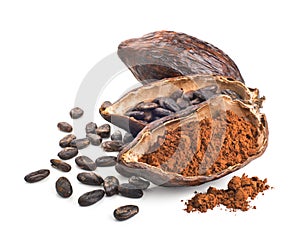 Cocoa pod, beans and powder isolated on a white