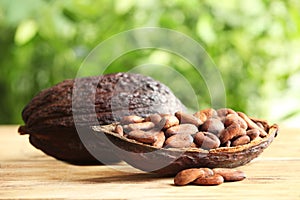 Cocoa pod with beans on wooden