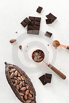 Cocoa pod with cocoa beans and pieces of chocolate on a white background. Organic food. Natural chocolate. Top view. chocolatier,